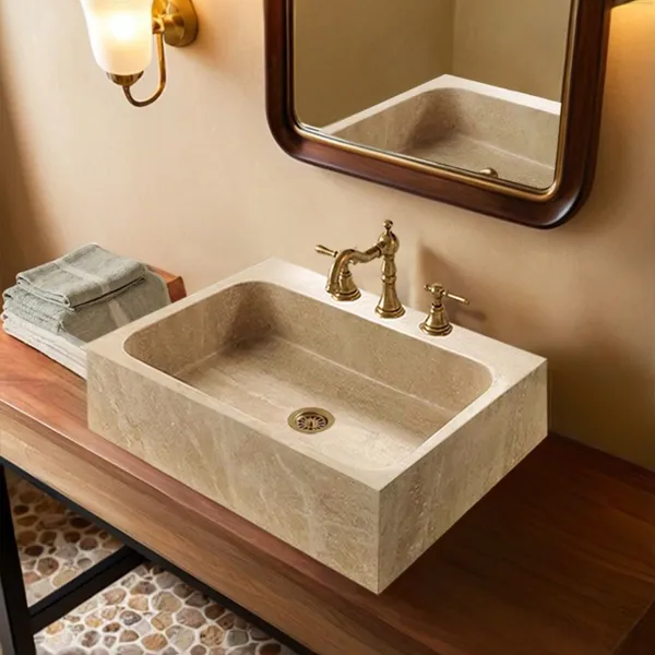 Travertine Marble Easy Clean Rectangular Countertop Vessel Sink Factory Direct Wholesale Hand Wash Basin OEM ODM for Hotel photo-4