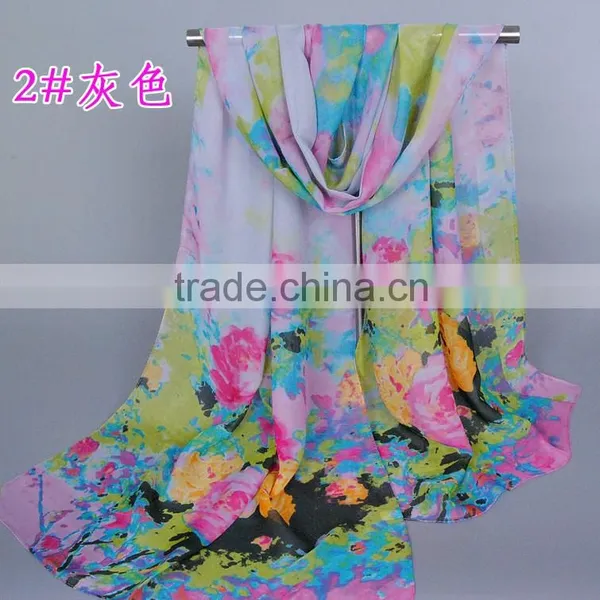Scarf China Wholesale Women Fashion Flowers Pattern Scaves Chiffon Silk 160*50 Scarves Pashmina Shawls photo-3