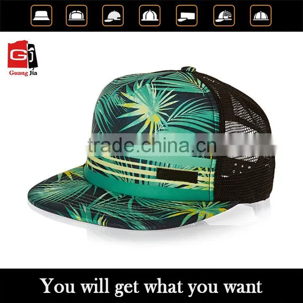 Hot Sale Custom Summer Hat Hawaii Style Coco Pattern Digital Printing 5 Panel Mesh Flat Brim Trucker Cap Quality Choice