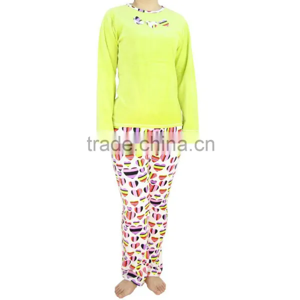 Kevince Velour Pyjama Set Pant Green Reactive Print Knitting Woman MOQ 1000sets OEM Factory Directly
