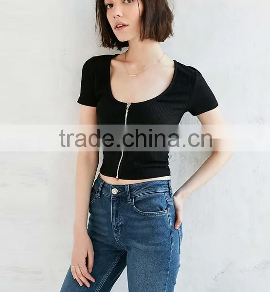 Custom Top Zipper Slim Fit Short Sleeve Plain Crop Top for Women