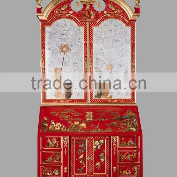 Gold Gilding Wooden Curio Cabinets With Flowers Paint Motif, Antique Silver Finish Secretary Cabinet With Drop Front Desk photo-4