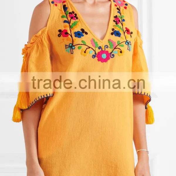 Boho Cold-shoulder Flora Embroidered Crinkled Cotton Mini Dress Mexican Western Dresses Names HSd5199 photo-2