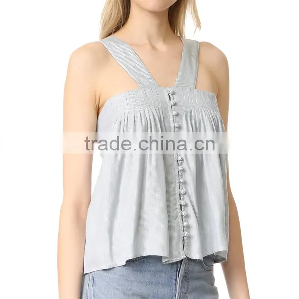 2017 OEM Wide Strapes Front Button Closure Navy Striped Blouse photo-3