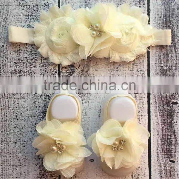 Hot Selling Girls Sandal With Ivory Flower Chiffon Headband Kids Barefoot Sandal Child Wear NP-G-CS905-49