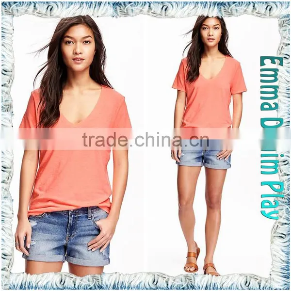Latest Style Fashion Designs Color Dyed Sexy Girl's Soft Cotton Super Deep V Neck T-Shirts photo-4