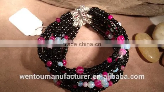 Black Glass Beads Moonstone and Pink Stripped Agate Bracelet photo-5