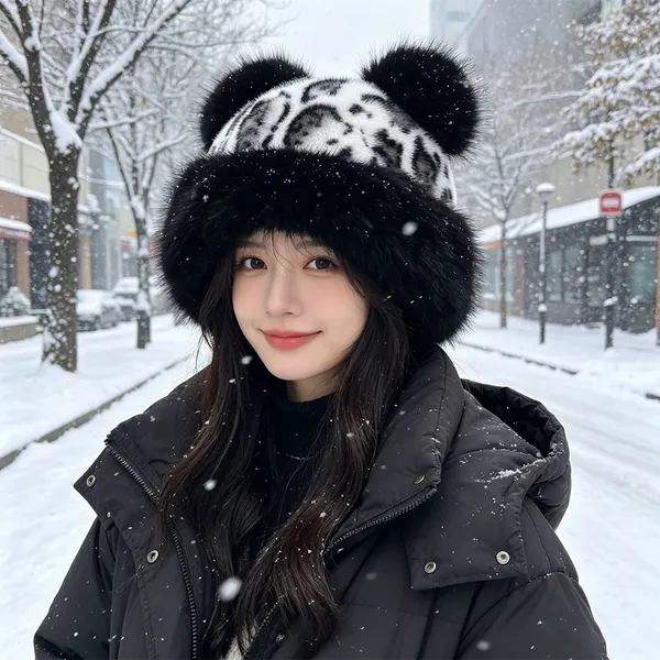 Fashion Leopard Print Little Bear Ears Plush Hat Autumn Winter Thickened Warm Ear Protection Cute Hat