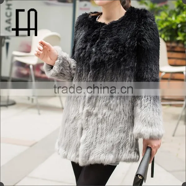 Factory Direct Wholesale Price Long Dip-dye Rabbit Knit Fur Overcoat