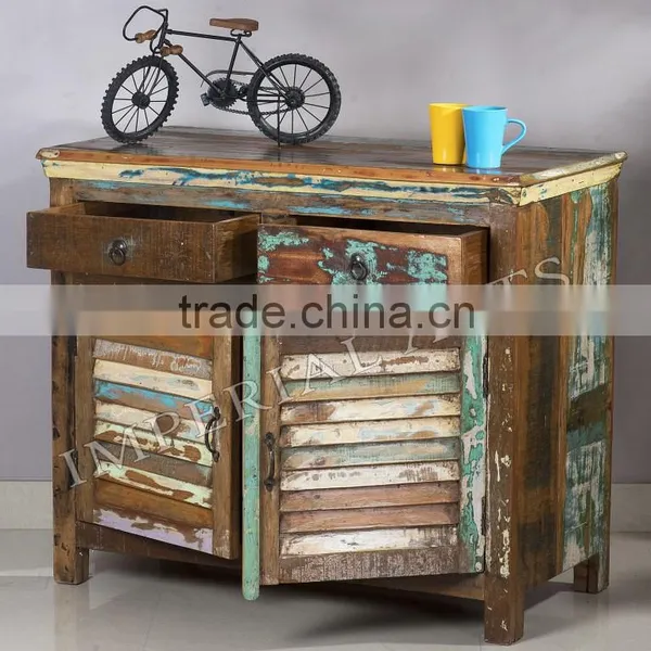 INDIAN RECYCLE WOOD 1 DOUBLE DOOR 2 DRAWER SIDE BOARD photo-3