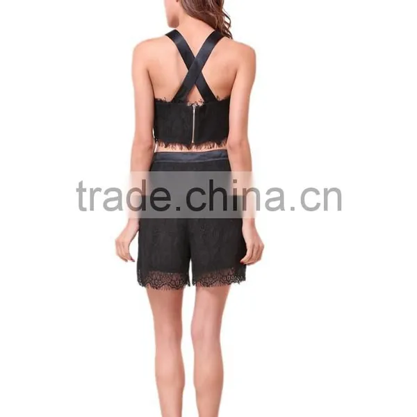 Fashion Design Short Lace Eyelash Hem Ladies Crop Top Set photo-4