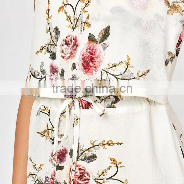 Slip Floral Printed Drawstring Waist Asymmetric Chiffon Women Dress photo-4