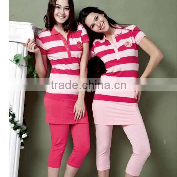 2014 Women Polo Collar Yarn Dyed Striped Women Minion Pajamas