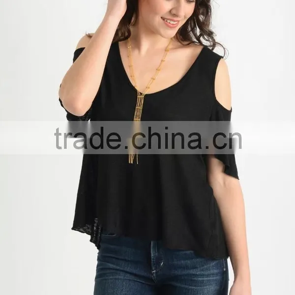Womens Fashion Off-shoudler Casual Loose T-Shirts,Blank Plain Black T-shirts for Women photo-2
