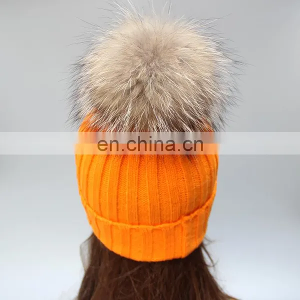 2016 Girls Winter Knitted Fur Bobble Hat With Big Genuine Raccoon Fur Bobble photo-4