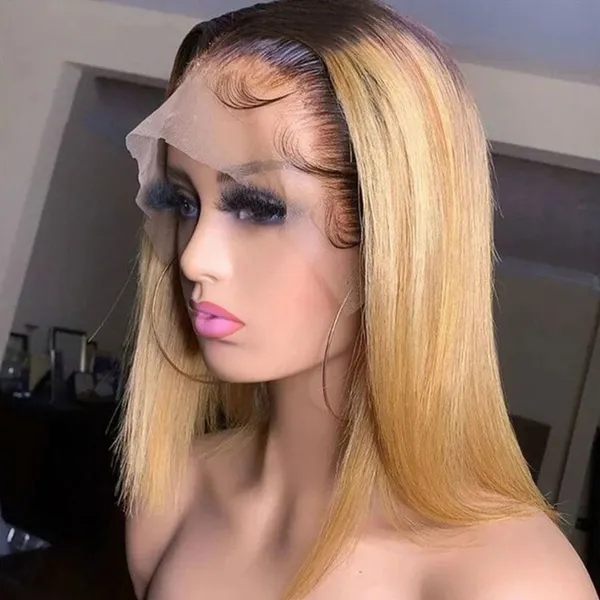 Short Ombre Honey Blonde Bob Wig With Baby Hair Dark Brown Straight Human Hair Wigs Lace Front 1b27 Brown Wigs For Black Women