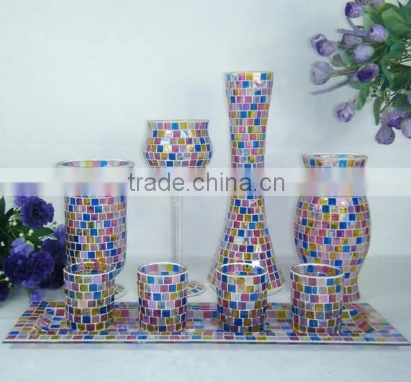 Xmas Red Glass Mosaic Candle Holder Sets