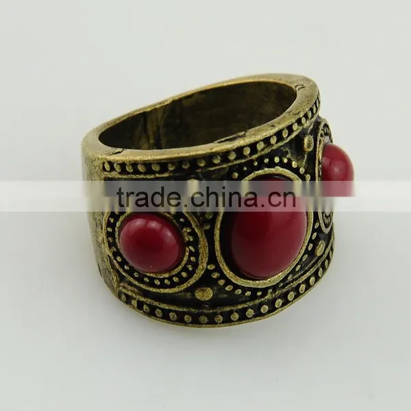 Fashion Nail Indian Style Wide Anti Brass Red Resin Gold Ring photo-3