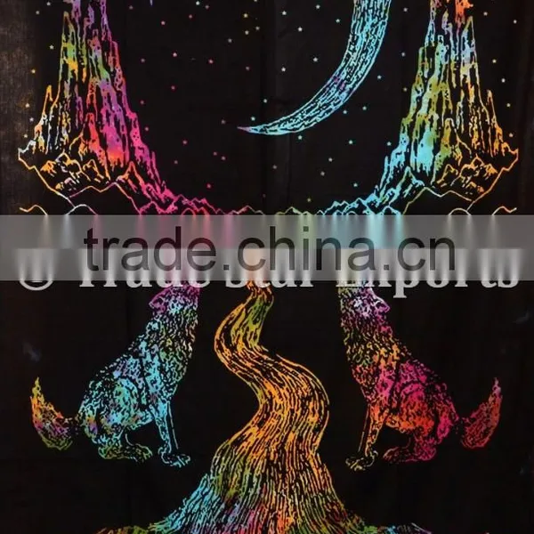 Twin Size Tie Dye Wolf Howling at Moon Wall Art Cotton Boho Wall Hanging Tapestry photo-4