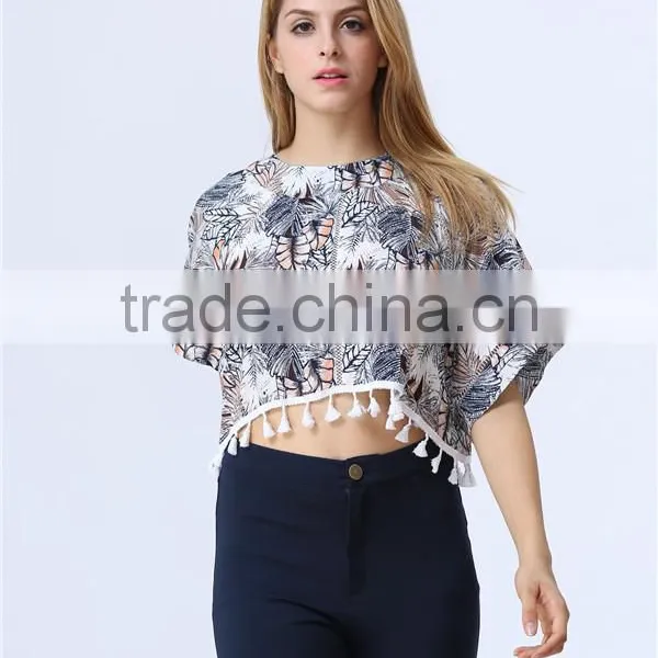 New Print Leaf Print Fashion Crop Tops With Tassels Hem for Women photo-5