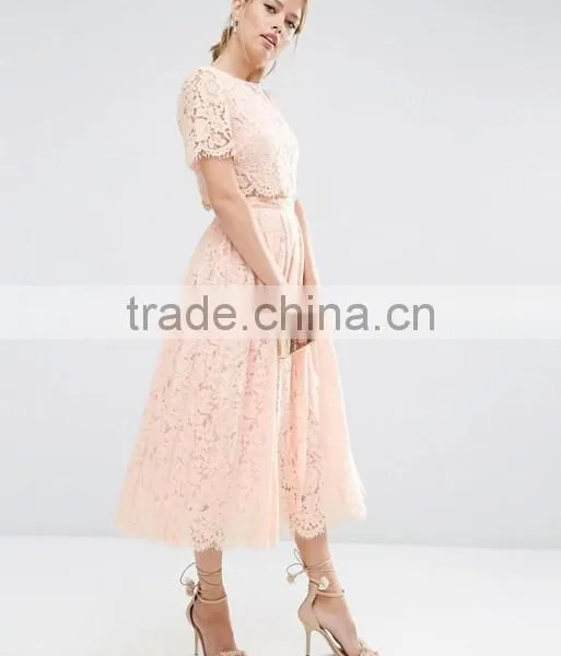 Pink Lace Crop Top and Puff Skirt Wedding Dress Girl's Short Sleeve Prom Two Piece Set photo-3
