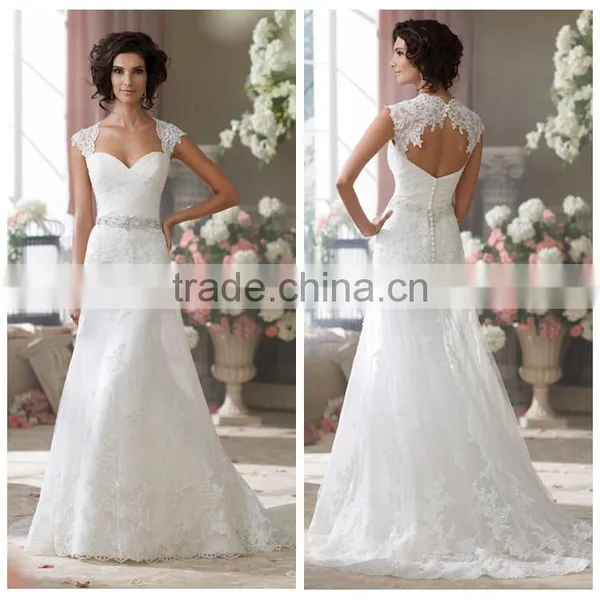 Sexy Corset Cap Sleeve Back See-through Lace Wedding Dress