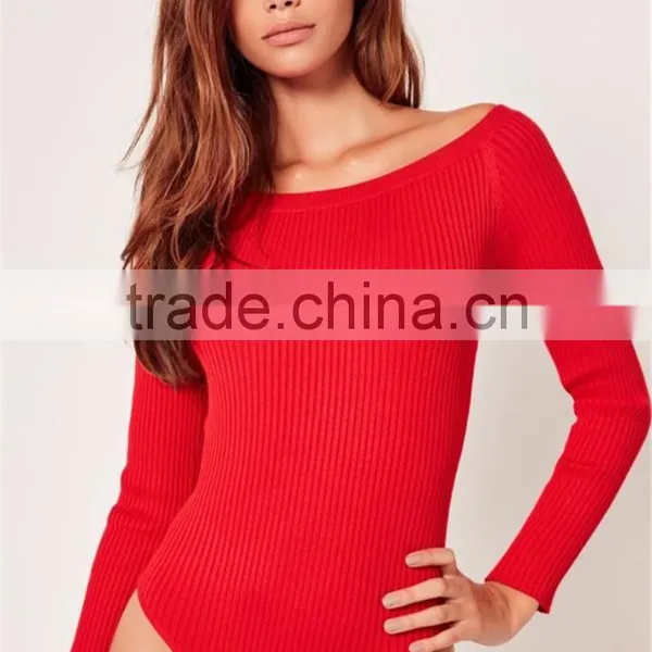 Red Opening Soulder Raglan Sleeve Bodysuit Cotton Blends Long Sleeve Sexy Plain Sweater photo-5