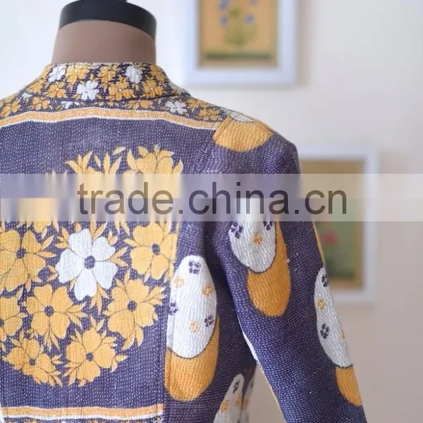 Denim Jacket in Kediyu Style With Vintage Kantha Fabric ~ Medium photo-5