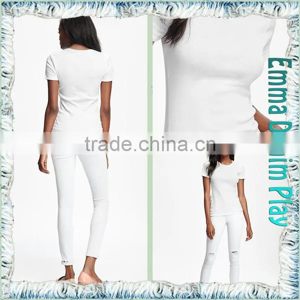 Fashion Plain Design Solid White Organic Cotton Womens Tight Fit Short Sleeve Tee Shirts photo-5