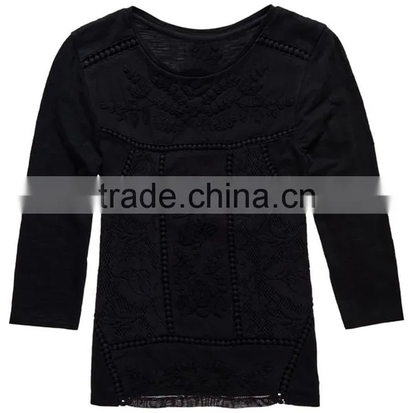 China Supplier Shandao Latest Model Good Quality Autumn Casual 3/4 Sleeve Round Neck Black Embroidered Cotton Tops For Women photo-4
