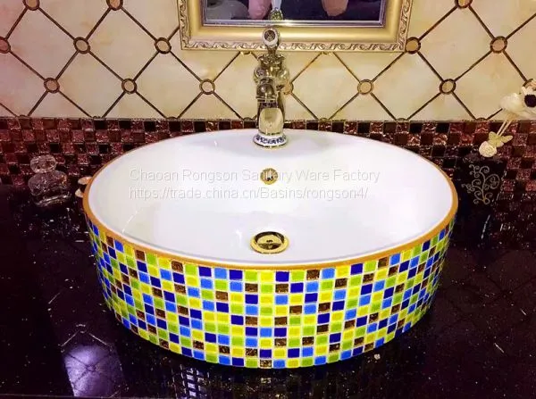 Yellow Ceramic Hand Wash Basin Square Single Hole Tabletop Bathroom Wash Basin Sink With Hand Paint Fancy Design photo-4