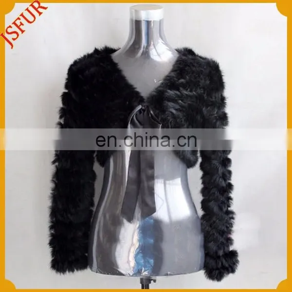 Real Rabbit Fur Knit Jacket Ribbon Bowknot Trim V-nick Long Sleeve Knitted Rabbit Fur Shawl and Cape photo-2