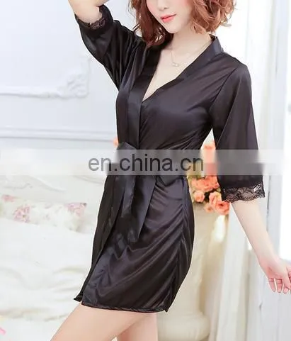 Women Deep v Lace Sleeves Sexy Lingerie Sleepwear Kimono Robe