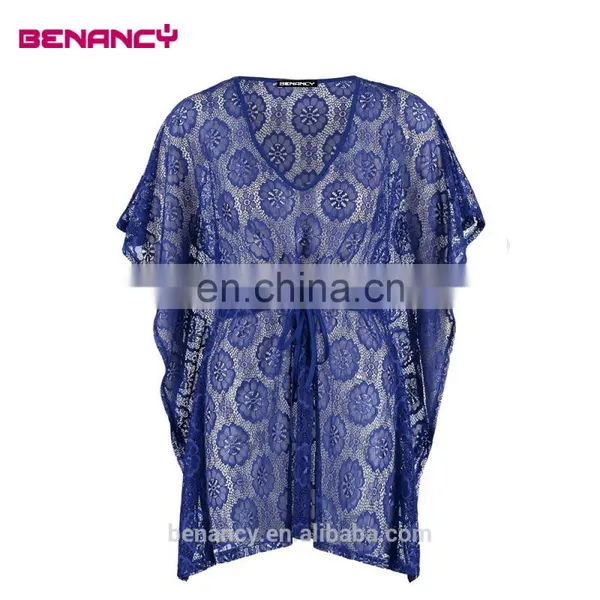 Fancy Flower Short Cover Up Bikini Lace V Neck Kaftan photo-5