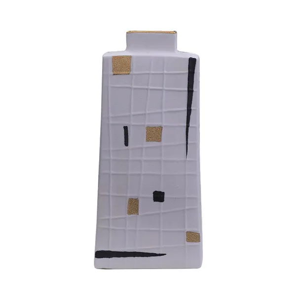 Geometric Pattern Gild Creative Unique White Square Flat Ceramic Flower Vase For Living Room photo-5