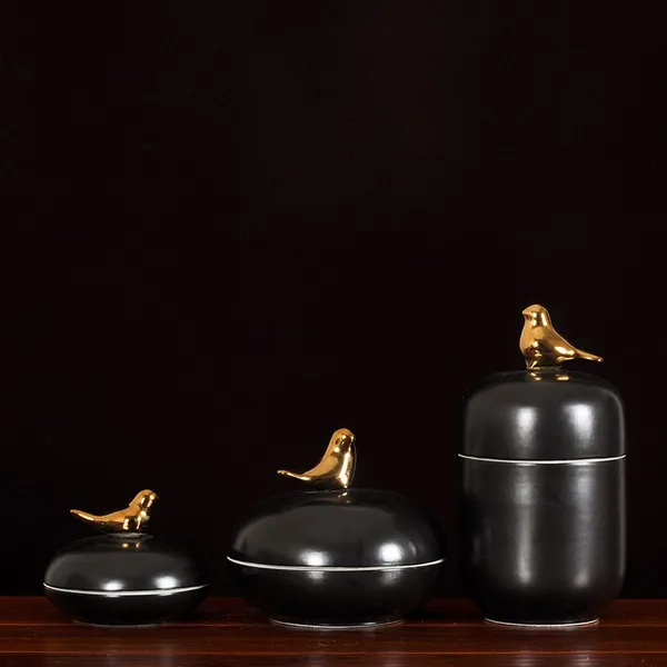 American Nordic Simple Gild Bird Hand Made Blue Black Ceramic Vase For Living Room photo-2