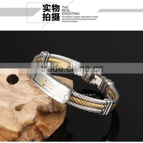 Wholesale Titanium Steel Man Bangles Three Rows Between Steel Wire Armoured Gold Bracelet With Cross photo-5