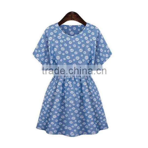 2014 Ladies Casual Women Top Designer Denim Summer Women Wear Short Sleeve Dress High Qality Printing Women Dress Fashion 2014 photo-3
