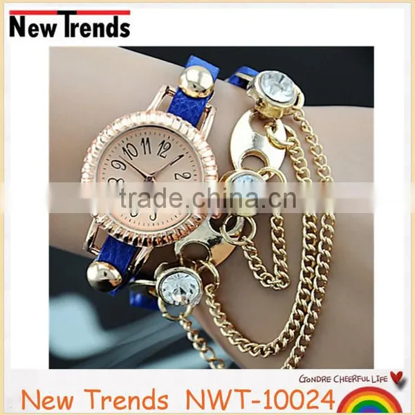 Alloy Beads Fashion Leather Lady Bracelet Watch for Some Jewerly With Rhinestone