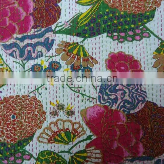 Queen Kantha Quilt TROPICANA White PRIME Floral Handmade