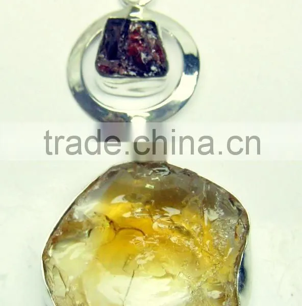 Citrine & Garnet Rough Gemstone Pendant, 925 Solid Sterling Silver Pendant, Designer Raw Bezel Pendant photo-2