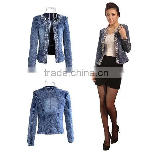 Womens Demin Diamond Sequined Punk Jeans Long Sleeve Jacket photo-2