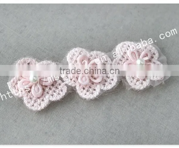 Beautiful 3 cm Handmade 3D Pink Pearl Flowers Crochet Lace Trims photo-5