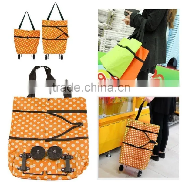 Shopping Bag Large Lightweight Shopping Trolley Foldable Wheel Folding Luggage Bag Cart Tote Green&Orange photo-2
