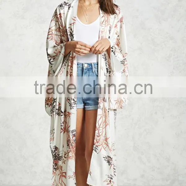 New Design Ladies Clothes Floral Print Handkerchief Hem Open Front 3/4 Length Dolman Sleeves Cardigans Floral Kimono Women photo-2