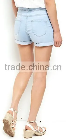 Light Blue High Waisted Turn Up Denim Shorts photo-3