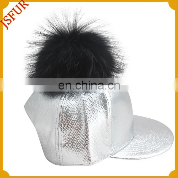 Top Quality Silver Hat Genuine Raccoon Fur Pom Pom Baseball Cap