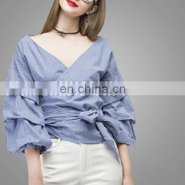 2017 Fashion Design Puff Sleeve Wrapped Top Deeper V Neck Ruched Sleeve Wrap Blouses In Blue photo-4