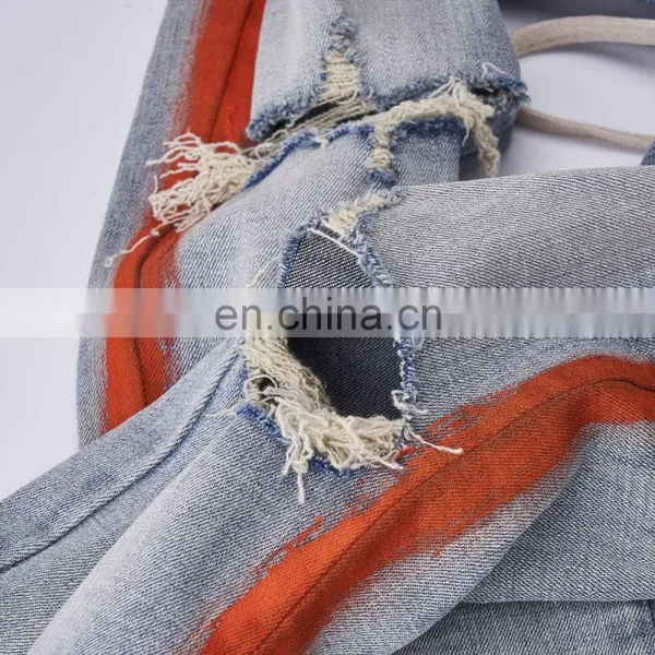 DiZNEW Distressed Track Denim Wholesale Men Side Print Jeans photo-5