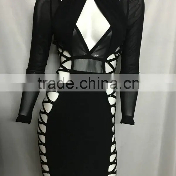 Summer Dress 2016 New Women Sey Black Mesh Long Sleeve Keyhole Evening Party Bandage Dress Bandage Bodycon Women Wearing photo-2
